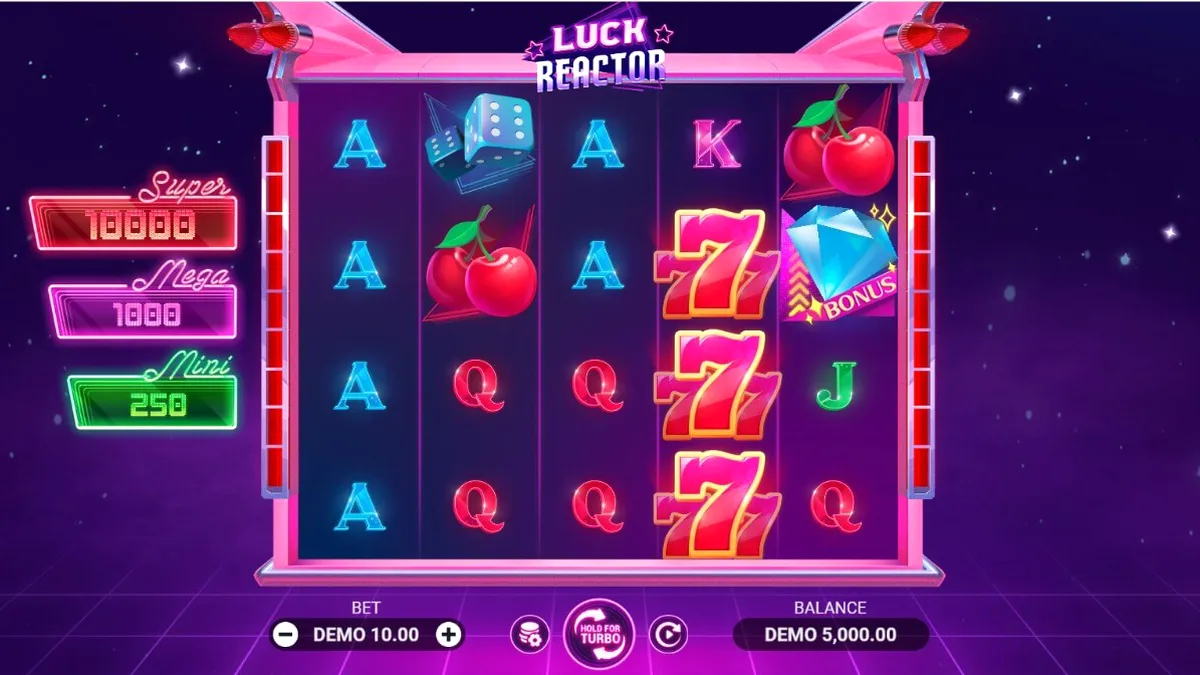 Tampilan futuristik slot Luck Reactor dengan elemen neon dan simbol klasik