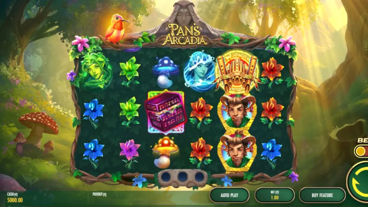 Pemandangan hutan mitologi Yunani dalam slot Pan’s Arcadia