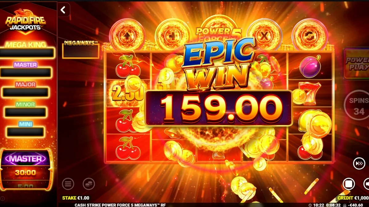 Tampilan layar permainan slot Cash Strike Power Force 5 Megaways dengan simbol buah klasik dan fitur Megaways