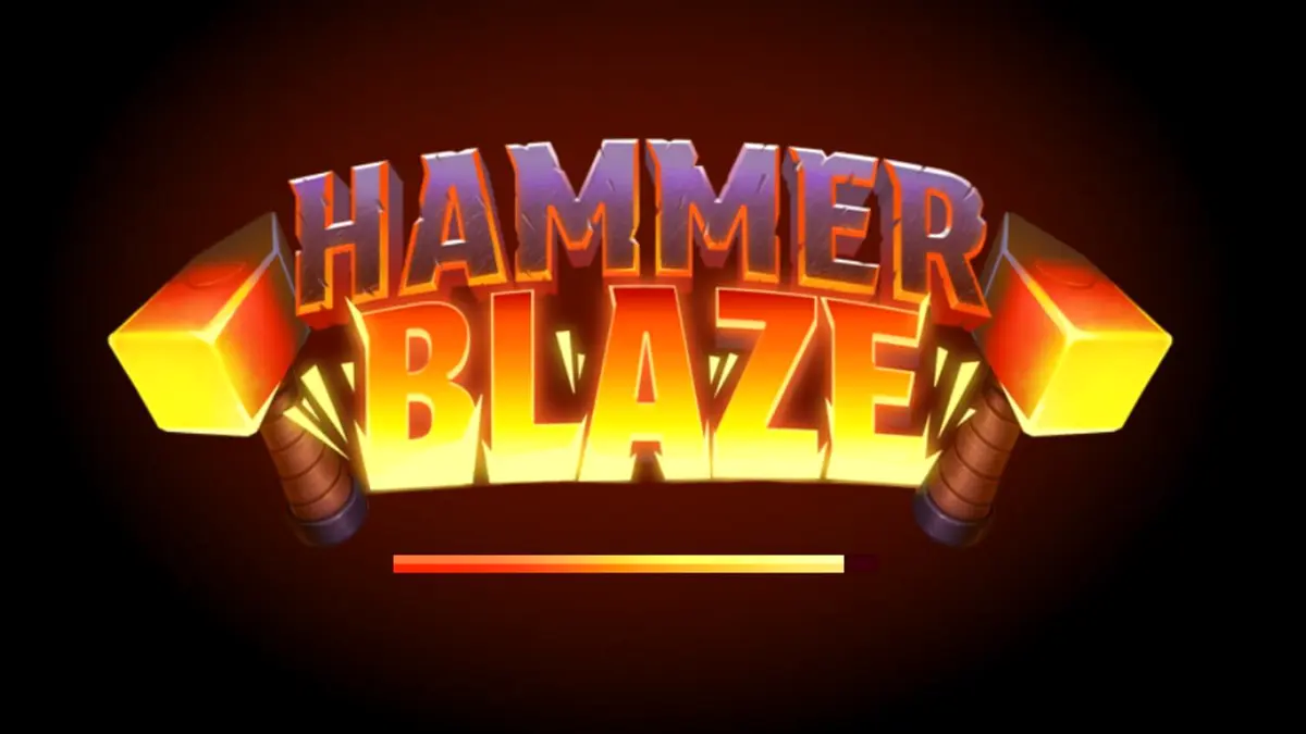Tampilan visual grid 7x7 dalam slot Hammerblaze dengan tema bengkel dewa yang berapi-api.